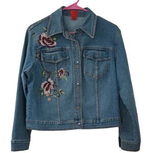 Very Vera Cropped Embroidered Jean Jacket Size Large Petite